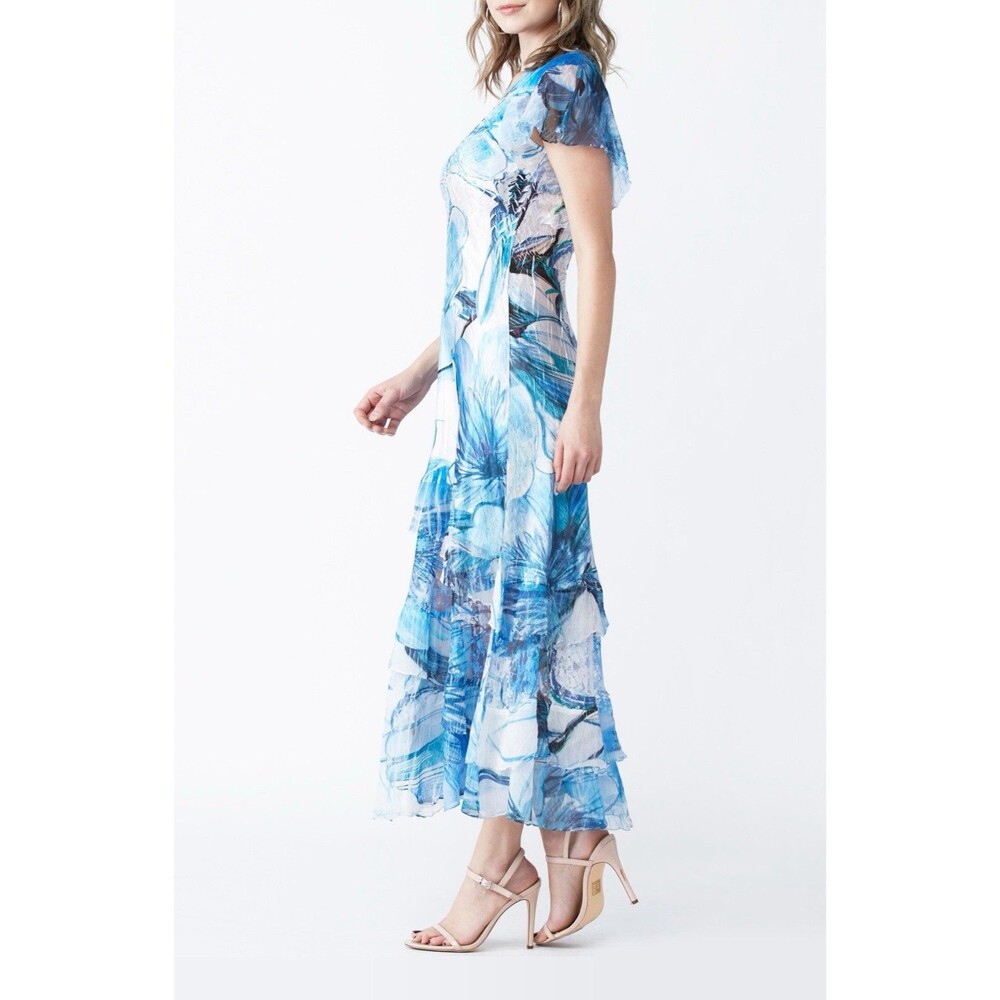 NWT Komarov Floral Flutter Sleeve Charmeuse & Chiffon Dress Medium Wedding Guest